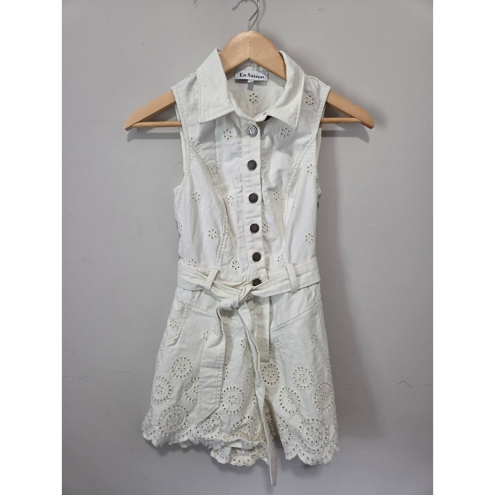 En Saison White Cotton Eyelet Sleeveless Romper Button Front Belted XS